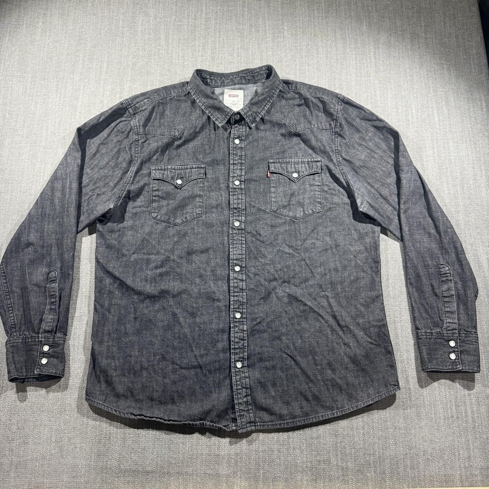 Levis Shirt Mens 2XL Gray Chambray Western Pearl Snap Long Sleeve Cowboy